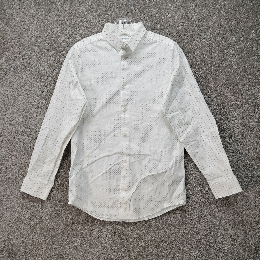 Calvin Klein Boys White Micro Dot Logo Slim Fit Stretch Dress Shirt‎ Size 18